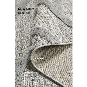 Yumuşak Bukle Tabanlı Modern Kabartmalı 3d Çizgi Desenli Gri Renkli Halı