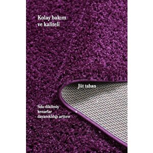 Yüksek Tüylü 30 Mm Hav Yüksekliğinde Düz Mor Renkli Shaggy Halı 140x140 cm