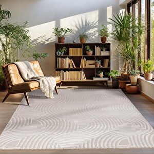 Kabartmalı Yumuşak Dalga Desenli İskandinav Bohem Tarzı Halı Bej Tonlarında 200x290 cm