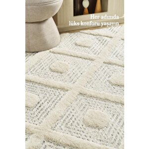 Yumuşak Bukle Tabanlı Modern Kabartmalı 3d Kare Dalga Desenli Gri Renkli Halı