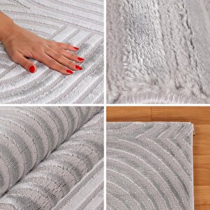 Kabartmalı Yumuşak Karo Desenli İskandinav Bohem Tarzı Halı Gümüş Tonlarında 80x150 cm