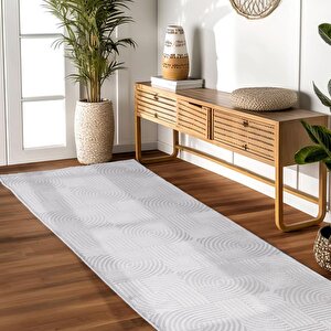 Kabartmalı Yumuşak Karo Desenli İskandinav Bohem Tarzı Halı Gümüş Tonlarında 80x150 cm