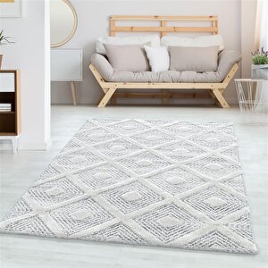Yumuşak Bukle Tabanlı Modern Kabartmalı 3d Kare Dalga Desenli Gri Renkli Halı 80x250 cm