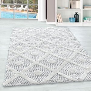 Yumuşak Bukle Tabanlı Modern Kabartmalı 3d Kare Dalga Desenli Gri Renkli Halı 80x250 cm