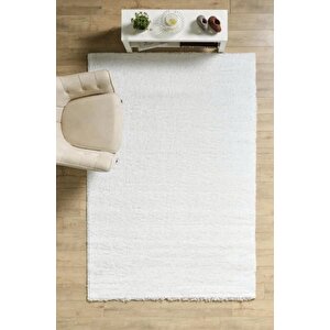 Yumuşak Yüksek Havlı 30 Mm Shaggy Salon Halısı Düz Beyaz Renkli 140x200 cm