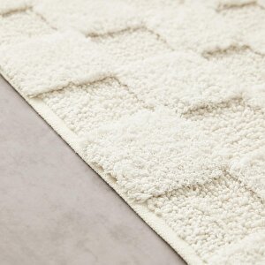 Ocean Home Textile Yıkanabilir Pamuklu Ekru Renk Dama Desen Paspas 60 X 90 Cm