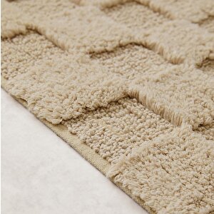 Ocean Home Textile Yıkanabilir Pamuklu Bej Renk Dama Desen Paspas 60 X 90 Cm
