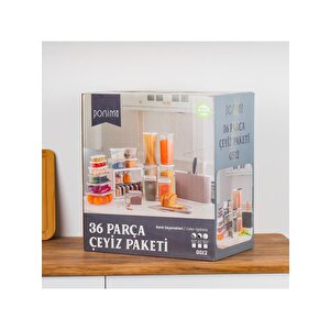 0512 Kapuçino Beyaz 36 Parça Erzak Saklama Kabı Baharatlık Bıçaklı Kesme Tahtası Seti Çeyiz Seti