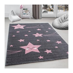 Sevimli Yıldız Star Desenli Çocuk Halısı Gri Pembe
