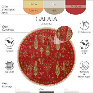 Galata 08 Kırmızı Salon Halısı Bohem İskandinav Bambu Halı El Dokuma Yuvarlak antre halısı 160x160 cm