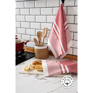 2'li Kurulama Bezi, %100 Pamuk Yüksek Su Emici, Beslenme Örtüsü, Çok Amaçlı Servis Peçetesi 45x60cm Kirmizi Kırmızı