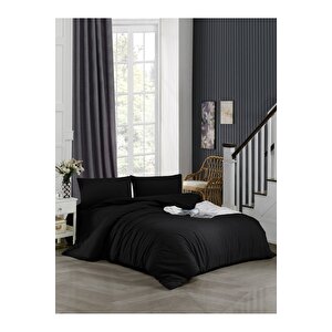 (90x190 Lastikli Çarşaflı) Tek Kişilik Nevresim Takımı, Siyah Kırışmaya Dayanıklı