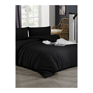(90x190 Lastikli Çarşaflı) Tek Kişilik Nevresim Takımı, Siyah Kırışmaya Dayanıklı