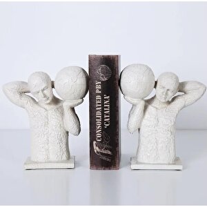 Dekoratif İkili Dünya Taşıyan Adam Kitap Tutucu Masa Dekoru Biblo Heykel Beyaz