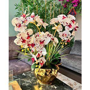 Yapay Çiçek 4lü Bordo Çilli Beyaz Islak Orkide Metal Yuvarlak Gold Vazoda Orkide 50cm