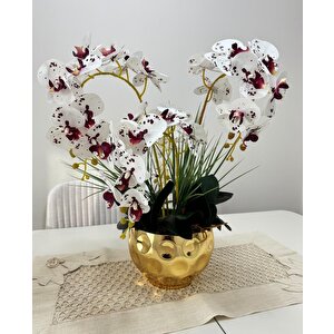 Yapay Çiçek 4lü Bordo Çilli Beyaz Islak Orkide Metal Yuvarlak Gold Vazoda Orkide 50cm