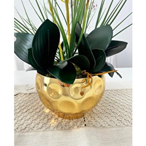 Yapay Çiçek 4lü Bordo Çilli Beyaz Islak Orkide Metal Yuvarlak Gold Vazoda Orkide 50cm