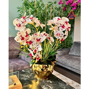 Yapay Çiçek 4lü Bordo Çilli Beyaz Islak Orkide Metal Yuvarlak Gold Vazoda Orkide 50cm