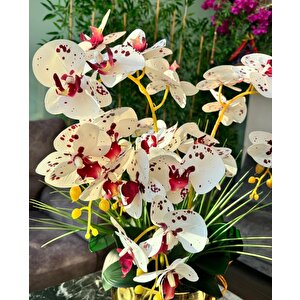 Yapay Çiçek 4lü Bordo Çilli Beyaz Islak Orkide Metal Yuvarlak Gold Vazoda Orkide 50cm