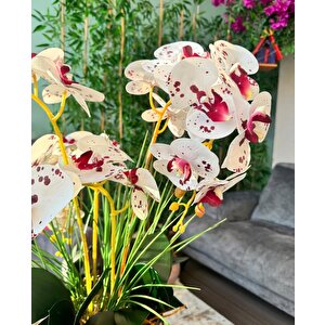 Yapay Çiçek 4lü Bordo Çilli Beyaz Islak Orkide Metal Yuvarlak Gold Vazoda Orkide 50cm