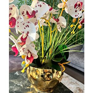 Yapay Çiçek 4lü Bordo Çilli Beyaz Islak Orkide Metal Yuvarlak Gold Vazoda Orkide 50cm