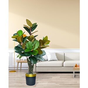 Yapay Ağaç Kauçuk Ağacı Metal Gold Kemerli Saksıda Ficus Elastica Salon Çiçeği 150*90 61 Yaprak