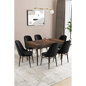 Almira Serisi, Barok Ahşap Desen 80x132 Açılabilir Mdf Mutfak Masası Takımı 6 Adet Sandalye Siyah