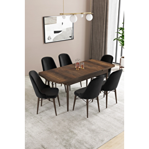 Almira Serisi, Barok Ahşap Desen 80x132 Açılabilir Mdf Mutfak Masası Takımı 6 Adet Sandalye Siyah