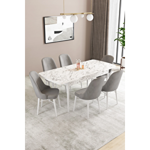 Almira Serisi, Beyaz Mermer Desen 80x132 Açılabilir Mdf Mutfak Masası Takımı 6 Adet Sandalye Gri