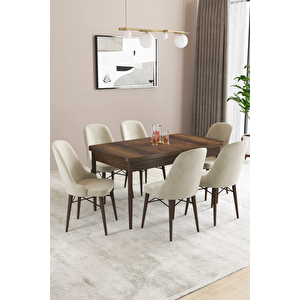 Almira Serisi, Barok Ahşap Desen 80x132 Açılabilir Mdf Mutfak Masası Takımı 6 Adet Sandalye Krem