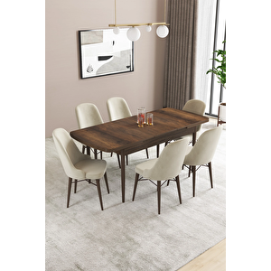 Almira Serisi, Barok Ahşap Desen 80x132 Açılabilir Mdf Mutfak Masası Takımı 6 Adet Sandalye Krem