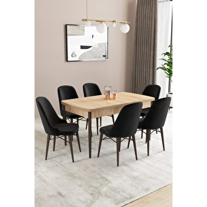Almira Serisi, Meşe Desen 80x132 Açılabilir Mdf Mutfak Masası Takımı 6 Adet Sandalye Siyah