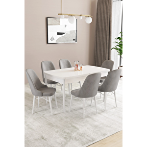 Almira Serisi, Beyaz 80x132 Açılabilir Mdf Mutfak Masası Takımı 6 Adet Sandalye Gri