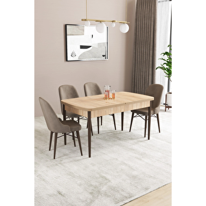 Almira Serisi, Meşe Desen 80x132 Açılabilir Mdf Mutfak Masası Takımı 4 Adet Sandalye Cappucino