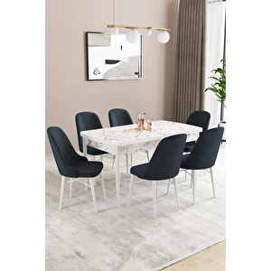 Almira Serisi, Beyaz Mermer Desen 80x132 Açılabilir Mdf Mutfak Masası Takımı 6 Adet Sandalye Antrasit
