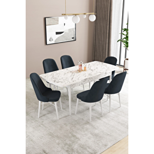 Almira Serisi, Beyaz Mermer Desen 80x132 Açılabilir Mdf Mutfak Masası Takımı 6 Adet Sandalye Antrasit