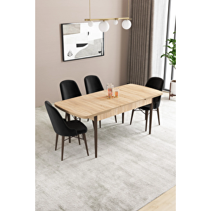 Almira Serisi, Meşe Desen 80x132 Açılabilir Mdf Mutfak Masası Takımı 4 Adet Sandalye Siyah