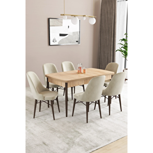Almira Serisi, Meşe Desen 80x132 Açılabilir Mdf Mutfak Masası Takımı 6 Adet Sandalye Krem