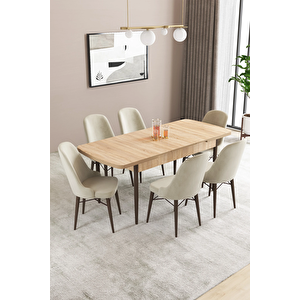 Almira Serisi, Meşe Desen 80x132 Açılabilir Mdf Mutfak Masası Takımı 6 Adet Sandalye Krem