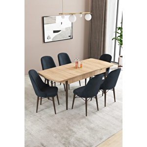 Almira Serisi, Meşe Desen 80x132 Açılabilir Mdf Mutfak Masası Takımı 6 Adet Sandalye Antrasit