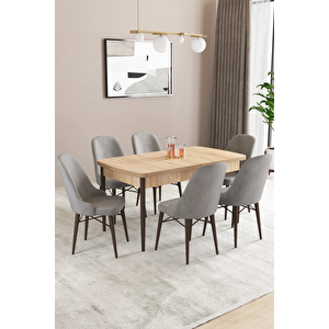 Almira Serisi, Meşe Desen 80x132 Açılabilir Mdf Mutfak Masası Takımı 6 Adet Sandalye Gri