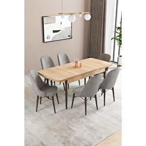 Almira Serisi, Meşe Desen 80x132 Açılabilir Mdf Mutfak Masası Takımı 6 Adet Sandalye Gri