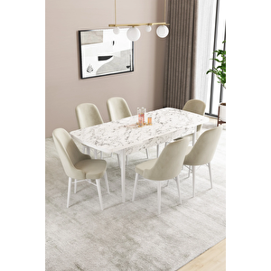Almira Serisi, Beyaz Mermer Desen 80x132 Açılabilir Mdf Mutfak Masası Takımı 6 Adet Sandalye Krem