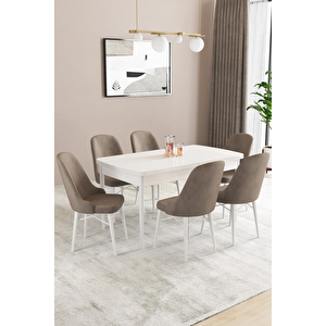 Almira Serisi, Beyaz 80x132 Açılabilir Mdf Mutfak Masası Takımı 6 Adet Sandalye Cappucino