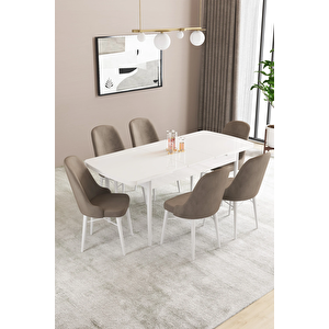 Almira Serisi, Beyaz 80x132 Açılabilir Mdf Mutfak Masası Takımı 6 Adet Sandalye Cappucino