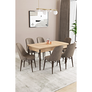 Almira Serisi, Meşe Desen 80x132 Açılabilir Mdf Mutfak Masası Takımı 6 Adet Sandalye Cappucino