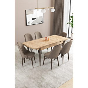Almira Serisi, Meşe Desen 80x132 Açılabilir Mdf Mutfak Masası Takımı 6 Adet Sandalye Cappucino