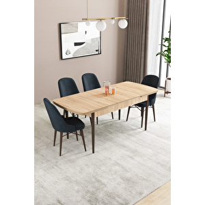 Almira Serisi, Meşe Desen 80x132 Açılabilir Mdf Mutfak Masası Takımı 4 Adet Sandalye Antrasit