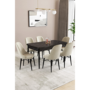 Almira Serisi, Siyah Mermer Desen 80x132 Açılabilir Mdf Mutfak Masası Takımı 6 Adet Sandalye Krem
