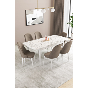Almira Serisi, Beyaz Mermer Desen 80x132 Açılabilir Mdf Mutfak Masası Takımı 6 Adet Sandalye Cappucino
